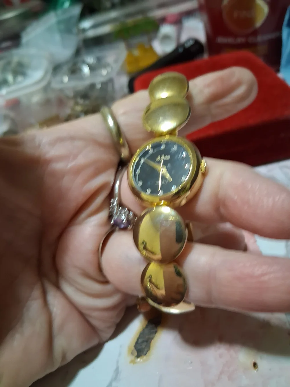 Gold-Tone Women's Bracelet Watch with Black Dial and Crystal Markers